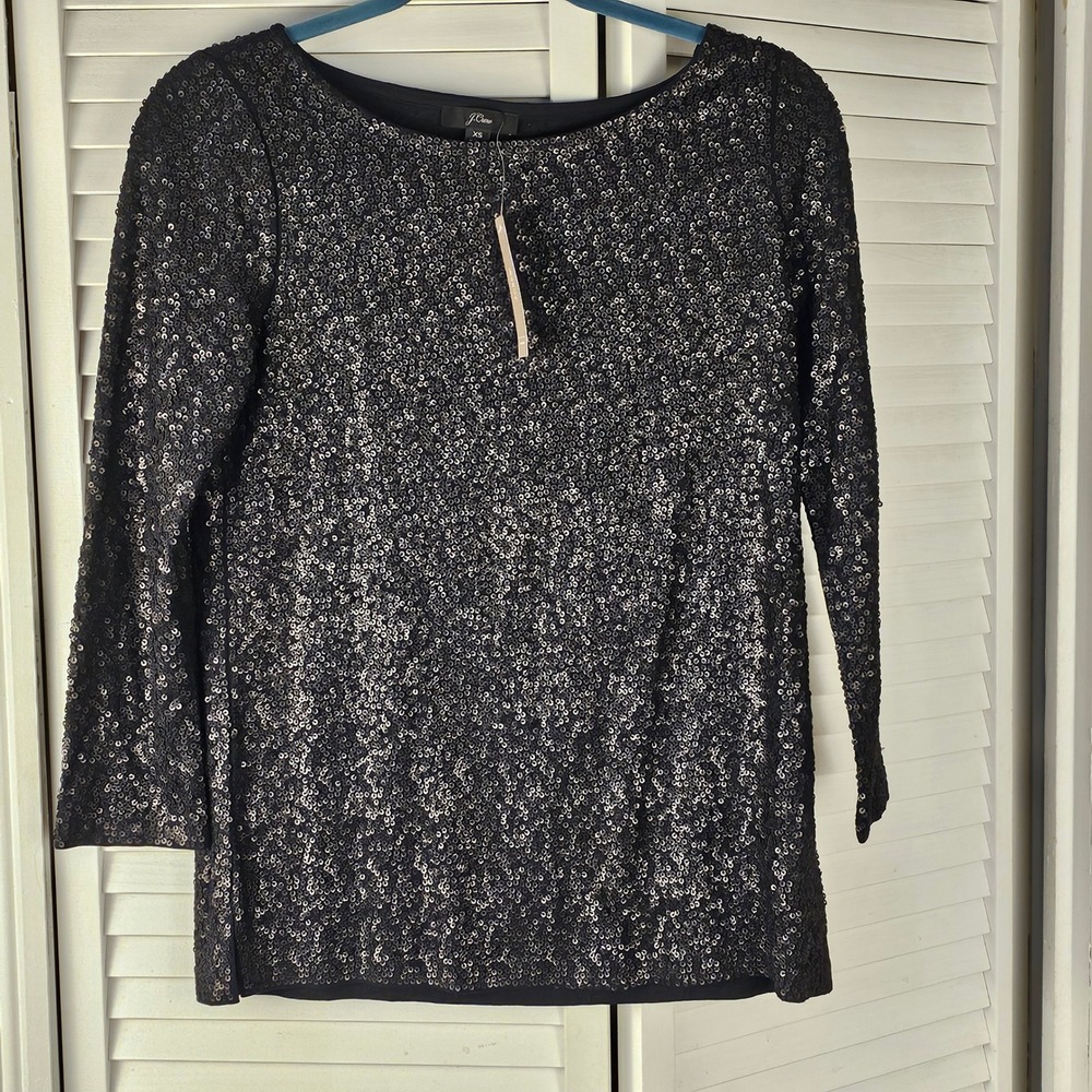 NWT J‎ Crew Womens Black Sequined 3/4 Sleeve Boatneck Shirt Top XS